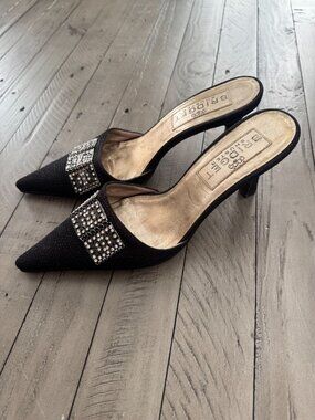 Bridget Shuster Vintage Embellished Pointed Toe Heeled Mules Black Size 8